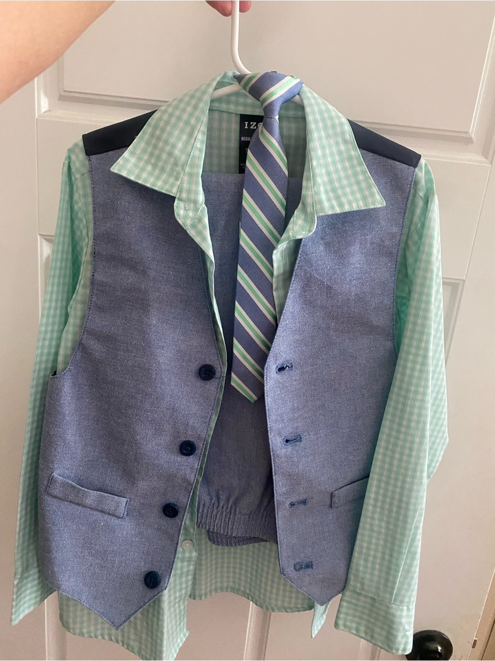 Izod Light Blue Vest with Mint Green Gingham Shirt and Striped Tie